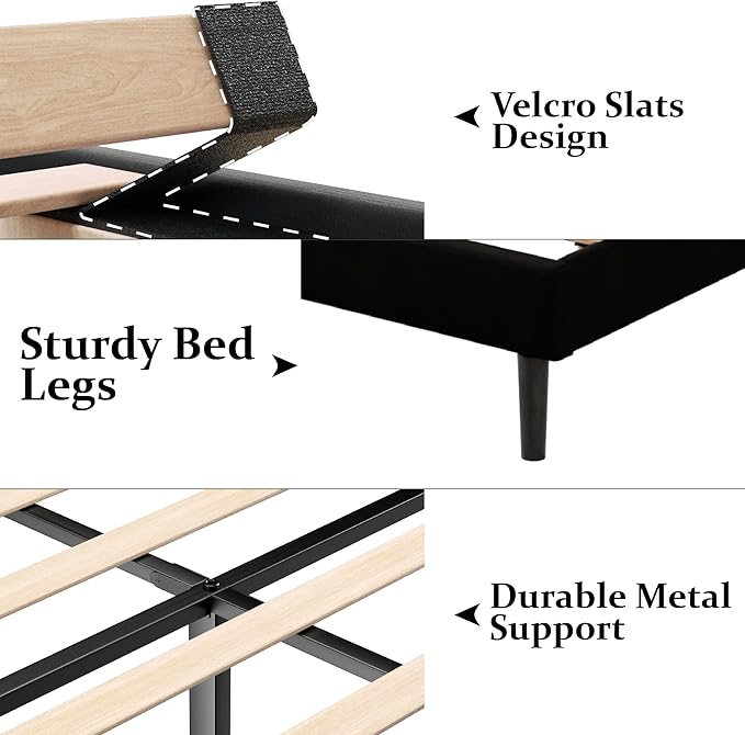 Queen Size Bed Frame with Upholstered Wingback Headboard, Easy Assemnly Platform Bed, Wooden Slat Support No Box Spring Needed, Black Velvet