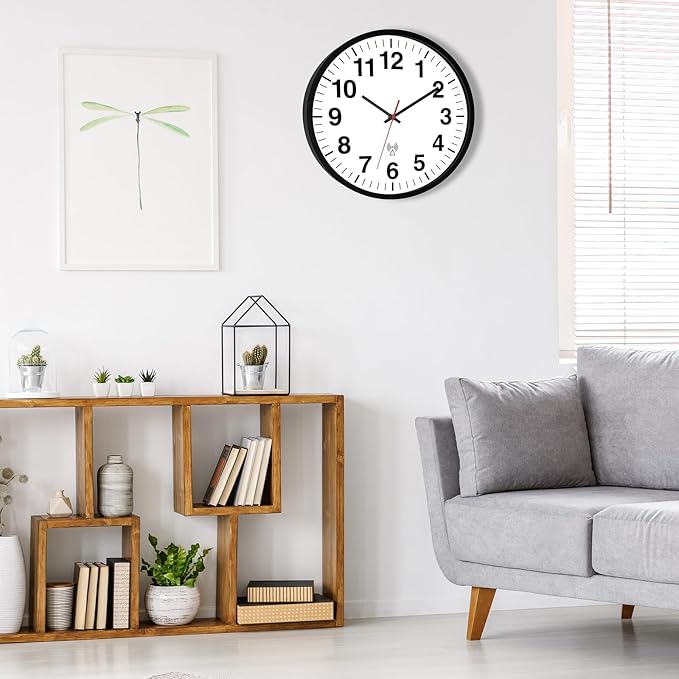 Foxtop Atomic Analog Wall Clock 12 Inch Battery Operated Round Modern Wall Clock Sets Automatically for Office Classroom Bedroom Kitchen Living Room (Black)