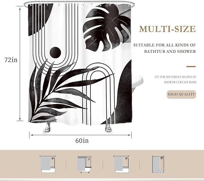 Glawry Boho Black White Shower Curtain Mid Century Abstract Tropical Palm Leaf Modern Minimalist Plant Botanical Bathroom Geometric 60Wx72L Inches Bath Accessories Art Home Decor Fabric 12 Pack Hooks