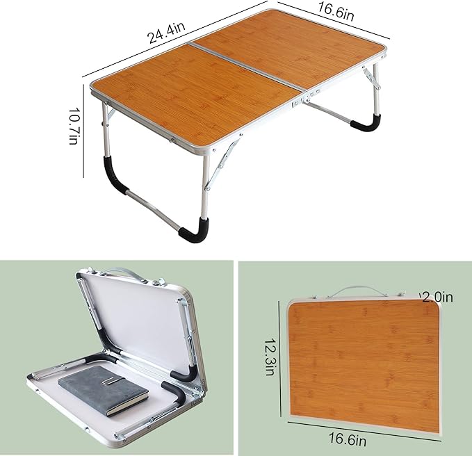 Foldable Laptop Table, Bed Desk, Breakfast Serving Bed Tray, Portable Mini Picnic Table & Ultra Lightweight, Folds in Half with Inner Storage Space (Bamboo Wood Grain)
