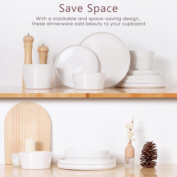 Herogo 24 Pieces Dinnerware Dishes Set for 8, Handmade Stoneware Dining Plates and Bowls Sets, Double Reactive Glaze, Microwave & Dishwasher Safe, Scratch Resistant, Pearl White