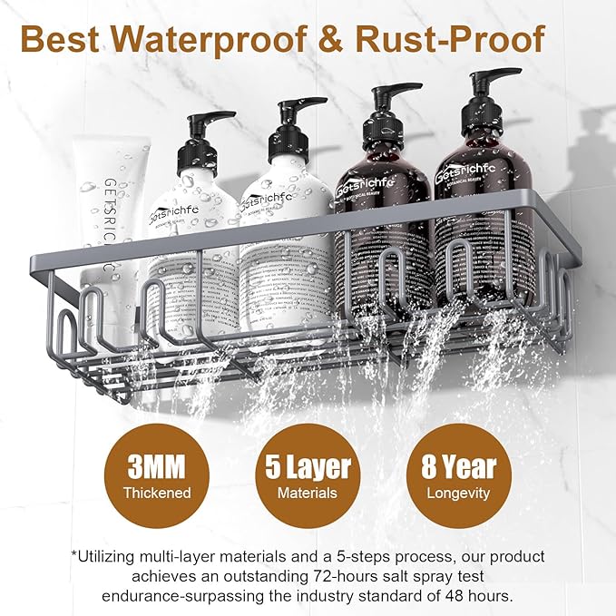 2025 New Adhesive Shower Caddy, Shower Shelves with 16 Hooks, Grey 2 Pack