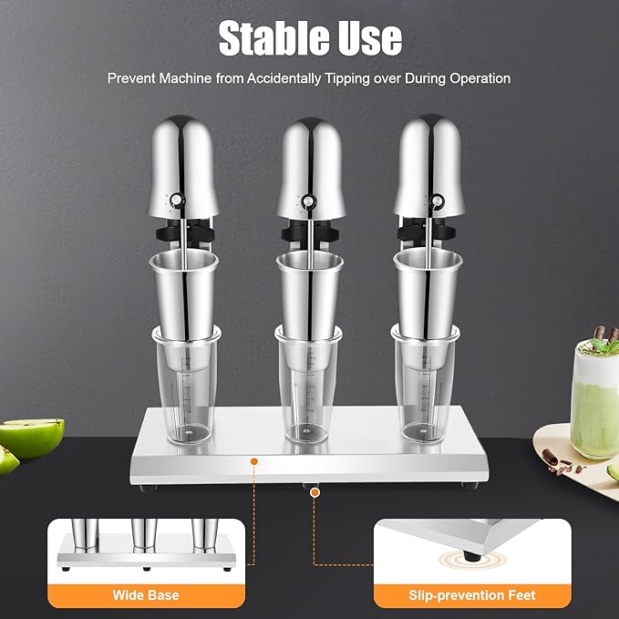 Electric Milkshake Maker, Commercial Stainless Steel Milk Shake Machine, Drink Mixers, 18000r/min & 650ml/Cup, Smoothie Milk Foam Tea Mixer Blender + 6 Cups, 180W 110V (3 Head)