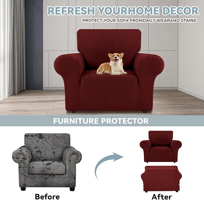 LURKA Stretch Chair Sofa Slipcovers 1 Piece Couch Covers for Sofa Furniture Protector Full Sofa Covers with Elastic Bottom for Kids and Dog (Small,Dark Red)