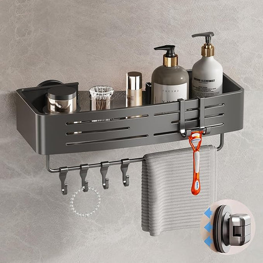 Voldra Shower Caddy Suction Cup, 1 Pack Shower Shelves for Inside Shower No Drilling, Aluminum Suction Showers Organizer with Towel Bar & Hooks Removable Bathroom Shelf Storage Rack(Gray)