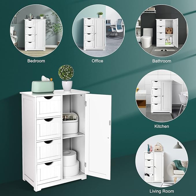 VINGLI White Bathroom Storage Cabinet with 4 Drawers 1 Cupboard Side Storage with Adjustable Shelf, Wood Bathroom Floor Cabinet with Drawers Also for Kitchen, Entryway, Bedroom, 22" Wx11.8 Dx32.3 H