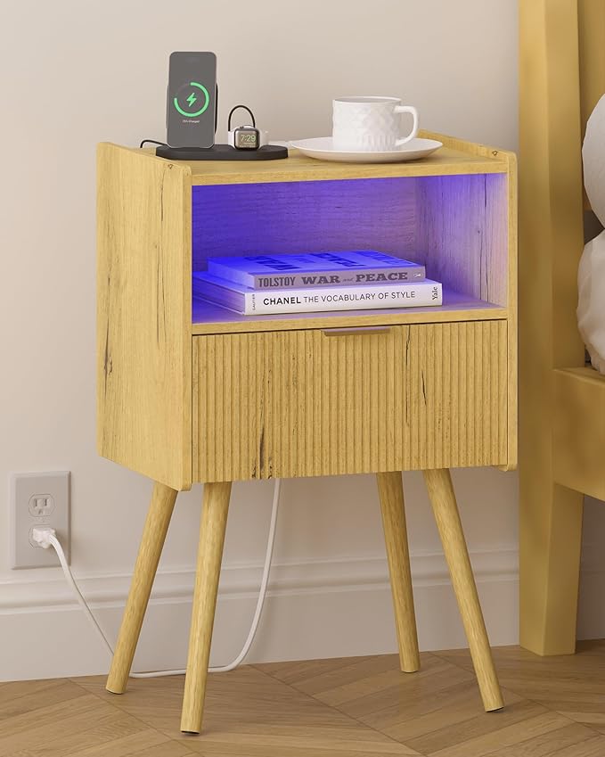 Nightstand, Modern Side Table with Charging Station and LED Lights