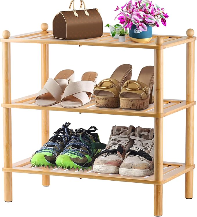 3-Tier Shoe Rack,Shoes Organizer,for Front Door Entrance, Free Standing Shelf Entryway and Closet Hallway, Small Space Stackable Bamboo Multifunctional Racks