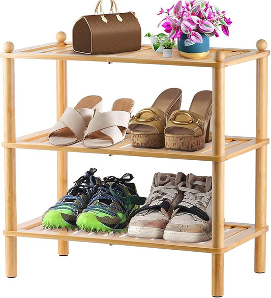 3-Tier Shoe Rack,Shoes Organizer,for Front Door Entrance, Free Standing Shelf Entryway and Closet Hallway, Small Space Stackable Bamboo Multifunctional Racks