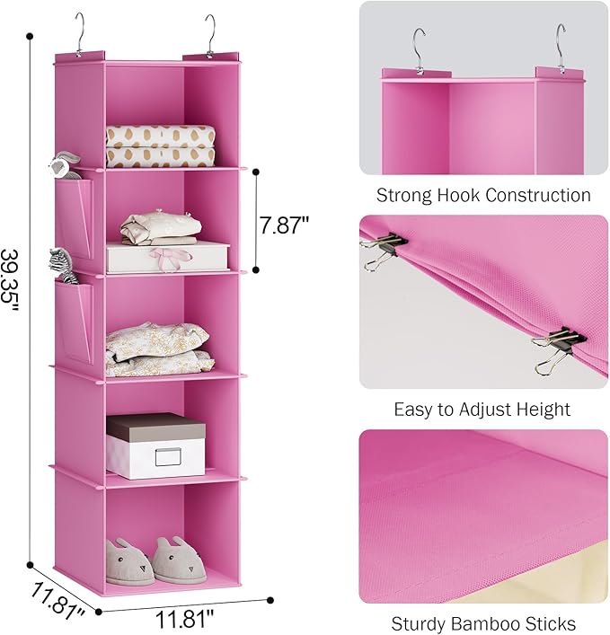 Hanging Closet Organizer, 5-Shelf Closet Hanging Storage Shelves, Light Pink