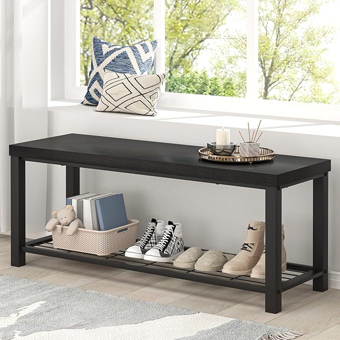 EXCEFUR Entryway Bench, Modern Wood and Metal Storage Bench for Hallway Front Door Entrance, Industrial Indoor Shoe Rack Bench Seat for Bedroom Living Room, 43.3 Inch Black