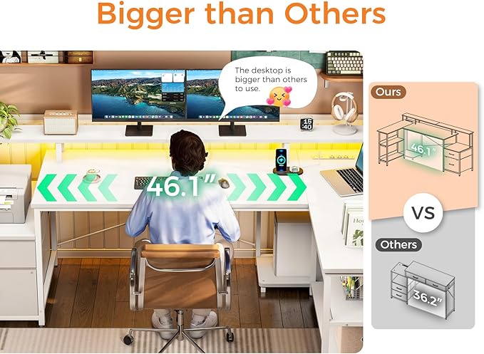 ODK L Shaped Desk with File Drawer, 75" Reversible L Shaped Computer Desk with Power Outlet & LED Strip, Home Office Desk with Storage Shelves, Gaming Desk with Monitor Shelf, Corner Desk, White
