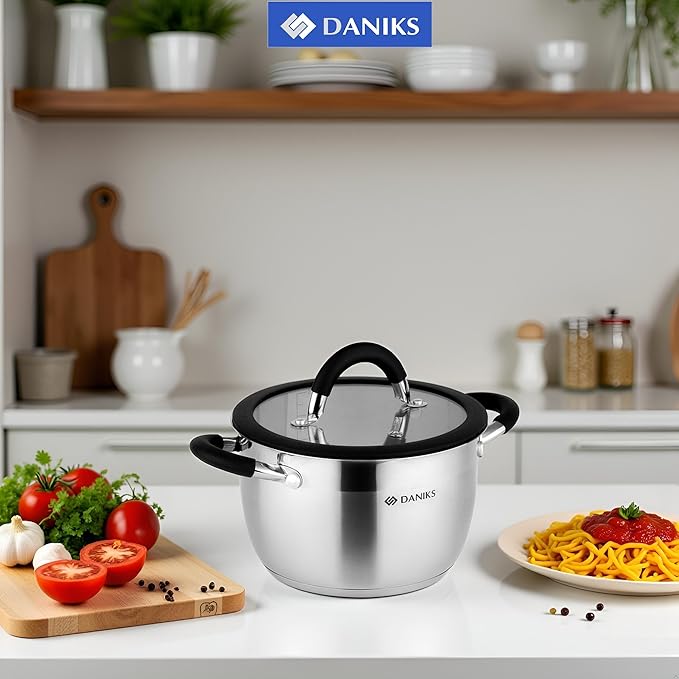 Daniks Orlando 6-Piece Stainless Steel Induction Cookware Set – Dishwasher Safe Pots with Heatproof Handles, Glass Lids, Measuring Scale, Silver