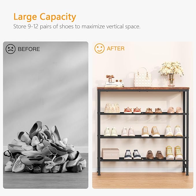 usikey 4-Tier Shoe Rack, Industrial Shoe Storage Organizer for 9-12 Pairs of Shoes, Metal Shoe Shelf with Wooden Top, Shoe Stand with 3 Metal Shelves for Entryway, Hallway, Closet, Rustic Brown