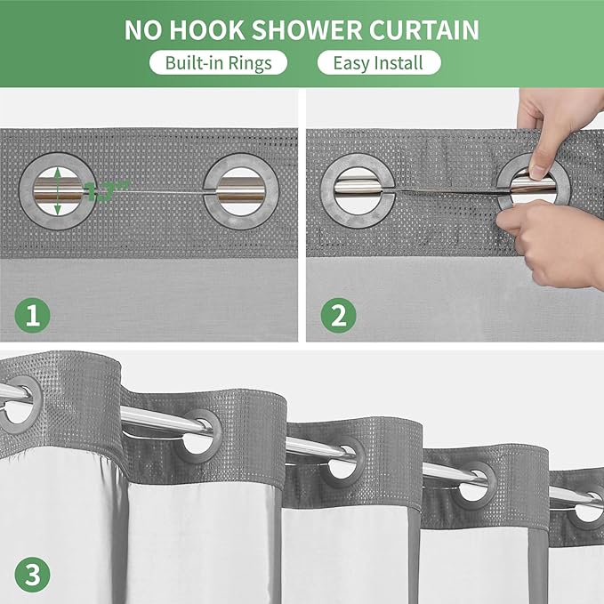 Extra Long No Hook Shower Curtain with Snap-in Fabric Liner Set,Grey Waffle Weave Shower Curtains for Bathroom,Hotel Luxury Decor Bathroom Curtain Set,Waterproof & Washable,71Wx86H