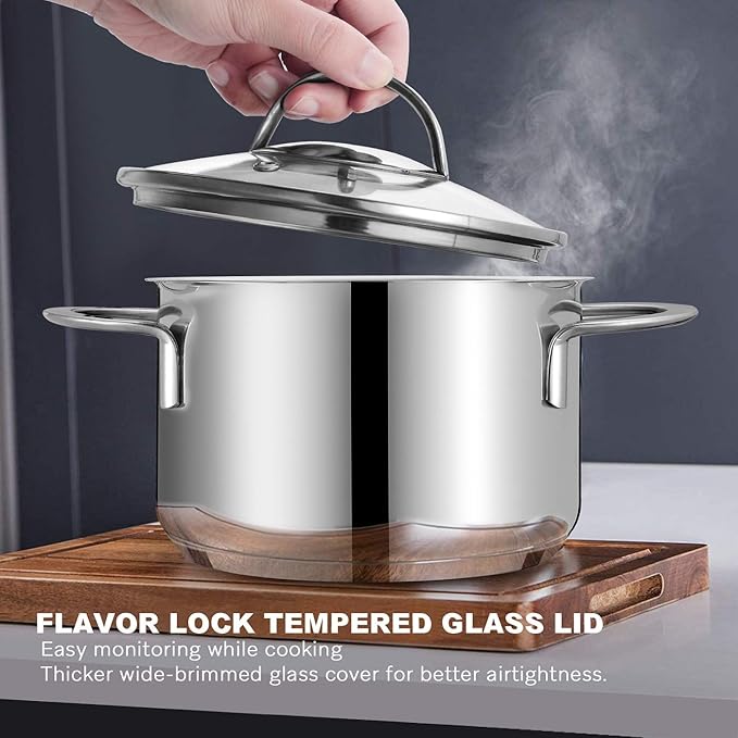 Tri-Ply Stainless Steel Sauce Pan with Steamer Basket & Straining Glass Lid — Heavy-Duty,Thick Base,Rust-Resistant,Warp-Free —100% Food-Grade —Built to Last– Works with All Stovetops, Pasta Pot 2.5 QT