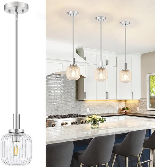 Brushed Nickel Pendant Lights Kitchen Island, 1-Light 5.9" Modern Glass Pendant Light with Clear Glass and Rods, Mini Hanging Lighting for Kitchen Sink Bathroom Bedroom, OS-YQ7749-1PBN