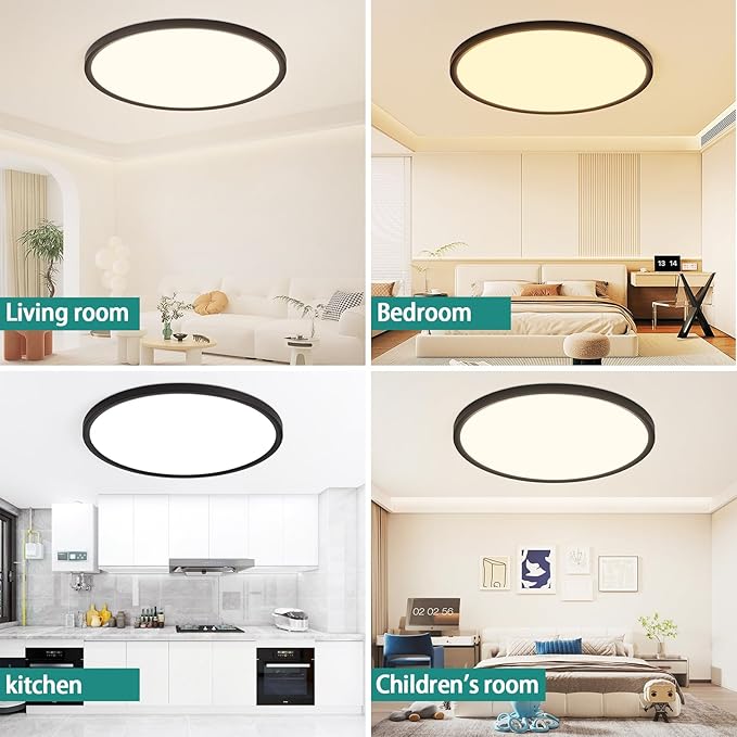 24 Inch Dimmable LED Ceiling Light Fixture, Ultra Thin Flush Mount, 48W 4800Lumen, 3 Color Changeable, Round, Black, for Dining Room, Living Room, Bedroom, Office, Hotel