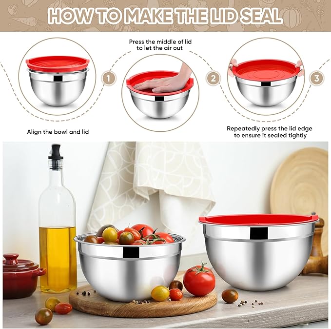 TeamFar Mixing Bowls, 4.5/3/1.5/1/0.7 QT, Stainless Steel Metal Nesting Salad Bowl with Lid Set, Ideal for Mixing Serving, Non-Toxic & Sturdy, Airtight Lid & Easy Clean, Red-Set of 5