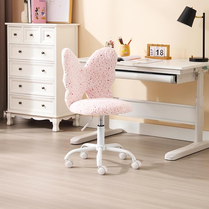 Cute Fuzzy Kids Chair for Teenage Girls Rolling Study Desk Student Chair Furry Computer Task Chair, Adjustable Butterfly Shaped Reading Vanity Chair for Bedroom, Pink