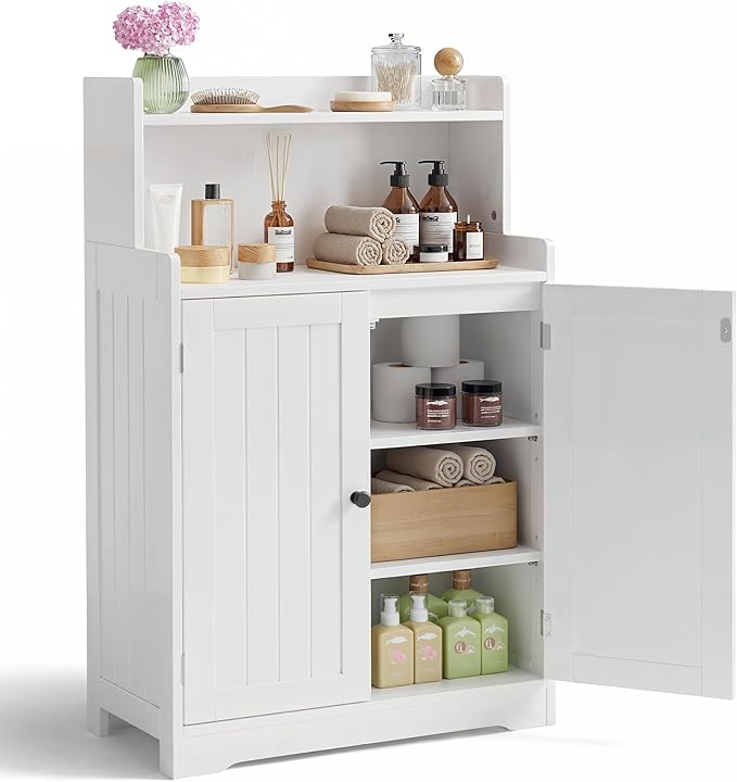 Gizoon 40" H Bathroom Storage Cabinet, Freestanding Organizer with 2 Doors, 2 Adjustable Shelves, Floor Pantry Cabinet for Dining Room, Kitchen, Living Room, Hallway, White