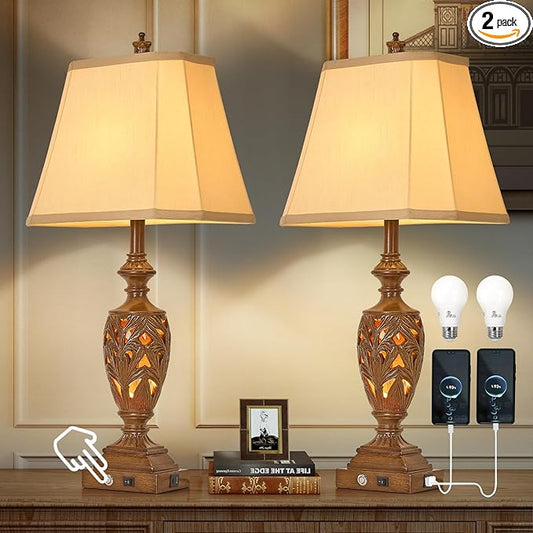29.5"H Touch Control Traditional Table Lamp with Dual USB Ports, Set of 2, 3-Way Dimmable Hollow Out Leafwork Bronze Wood Finish Vintage Bedside Nightstand Desk Lamps for Living Room,Bedroom