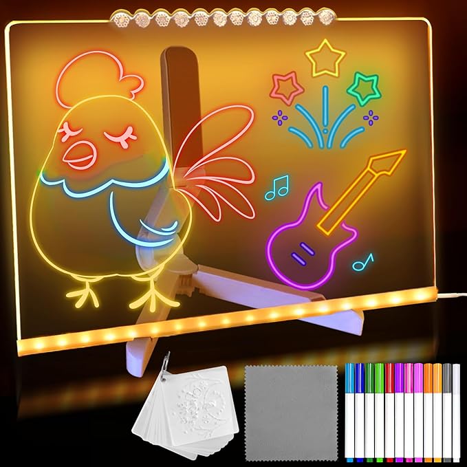 LED Acrylic Message Board, Light Up Acrylic Dry Erase Board 11.8x7.9”, LED Note Board with Colors for Kids, Glow Memo Message Writing Board with Light, Drawing Stencils Set & Unique Border