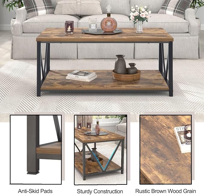 EXCEFUR Modern Coffee Table, Industrial Metal and Wood Living Room Table with Storage Shelf, Rustic Brown
