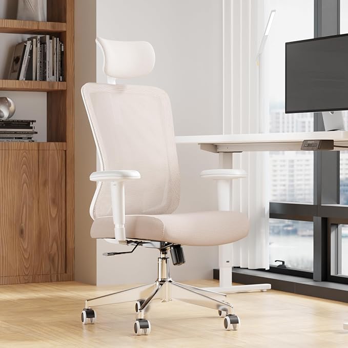 Ergonomic Office Chair, Mesh Desk Chair with Adjustable Headrest and 2D Armrest，Computer Chairs with Lumbar Support, Big and Tall Office Chair 400lbs, Large (01khaki)