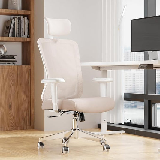 Ergonomic Office Chair, Mesh Desk Chair with Adjustable Headrest and 2D Armrest，Computer Chairs with Lumbar Support, Big and Tall Office Chair 400lbs, Large (01khaki)