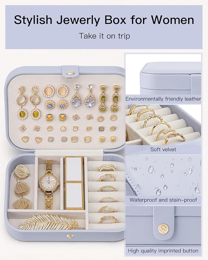 Vlando Travel Jewelry Case for Women Girls Mothers, PU Leather Portable Small Jewelry Box for Rings, Necklaces, Bracelets, Earring Holder Organizer Storage for Travel Gifts Bridesmaid Gifts - Purple