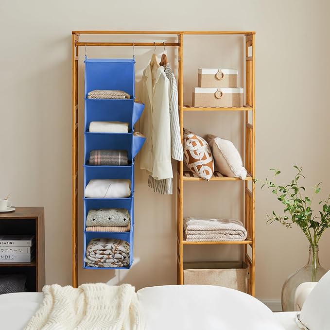 YOUDENOVA Hanging Closet Organizer, 6-Shelf Closet Hanging Storage Shelves, Blue