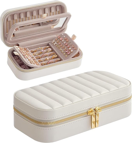 SONGMICS HOME Travel Jewelry Case, Small Jewelry Box Organizer with Mirror, 4.1 x 8 x 2.4 Inches, PU Surface with Stitching, Portable, Cloud White, ANAH Collection UJBC180W01