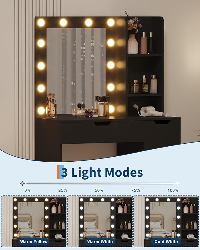 Garvee Vanity Desk with Mirror and Lights - Makeup Vanity Desk with 4 Drawers, Built-in Power Outlet & USB, Adjustable LED Lighting, Makeup Table for Bedroom