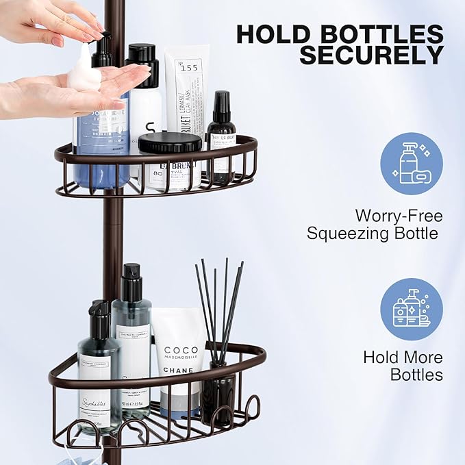 Corner Shower Caddy Tension Pole: Stainless Steel Rustproof 4-Tier Shower Organizer - 47-121 inch Adjustable Bathroom Shelves for Bathtub Shampoo Storage - Tension Rod Floor Standing Bath Rack -Bronze