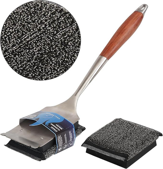 Grill Brush Bristle-Free, with Replaceable Head & Wooden Handle – Safe, Heat-Resistant BBQ Cleaner for All Grill Types (Cast Iron, Stainless Steel, Gas, Charcoal)