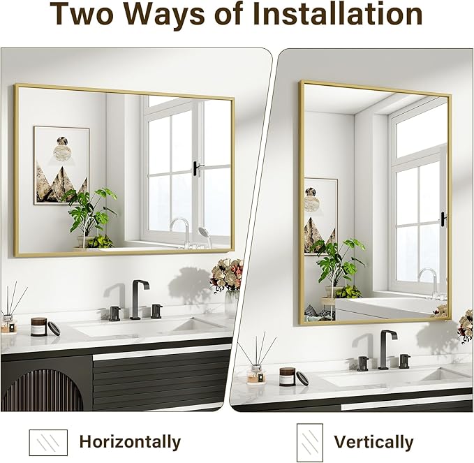 HARRITPURE 48"x30" Framed Bathroom Mirror for Wall Rectangle Mirror Aluminum Alloy Frame Wall-Mounted for Farmhouse Entryway Bedroom Living Room Gold