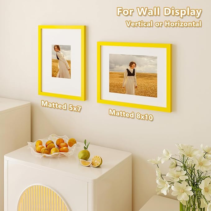 KINLINK 11x14 Picture Frame Yellow, Solid Wood Frames with Acrylic Plexiglass for Pictures 5x7/8x10 with Mat or 11x14 without Mat, Tabletop and Wall Display Photo Frame, Set of 4