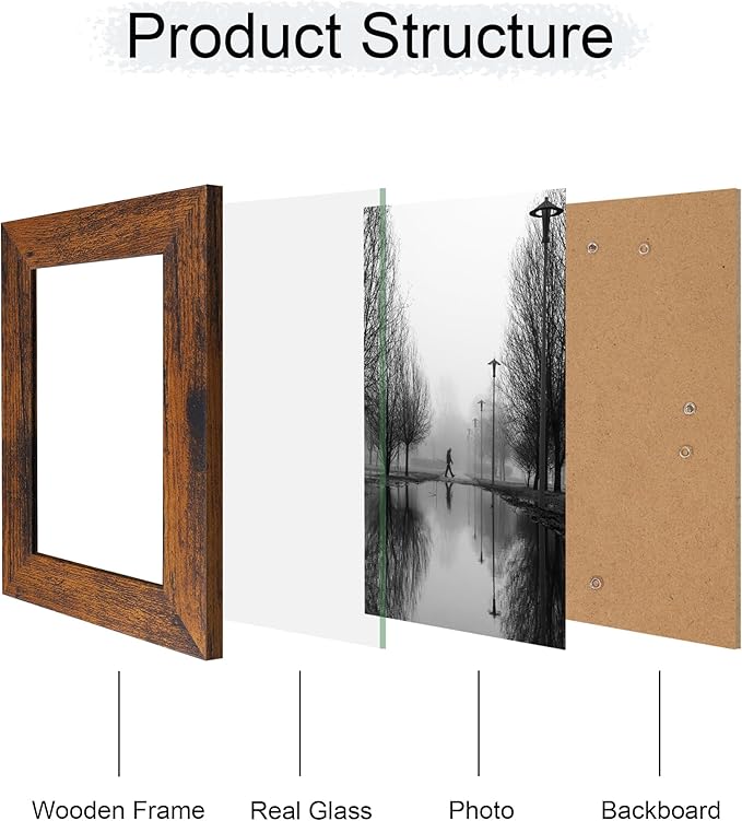 4x6 Picture Frame Set of 4, High Definition Glass 4 x 6 Frame, Wood Rustic Photo Frames for Horizontal or Vertical Display Tabletop and Wall Mounting, Dark Brown