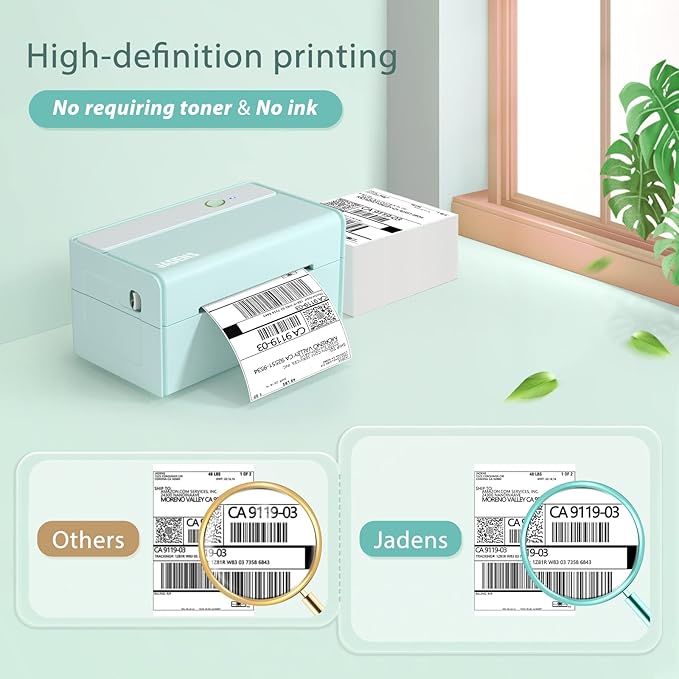 JADENS Bluetooth Thermal Label Printer -Wireless Shipping Label Printer for Small Business & Package, USPS, Etsy, Amazon, Compatible with iPhone, Windows, Android, 4x6, Label Maker, Green