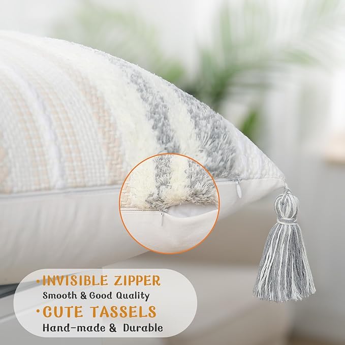 decorUhome Decorative Boho Throw Pillow Cover 12x20, Lumbar Accent Neutral Textured Tufted Pillow Cover Striped for Couch Bed Sofa, Light Grey and Cream White, Pack of 1