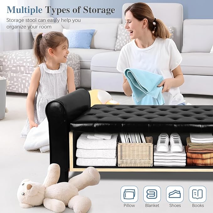 Storage Ottoman Bench with Arms, End of Bed Bench for Bedroom, Button Tufted for Entryway, Living Room,Hallway, Foot Rest (Black)