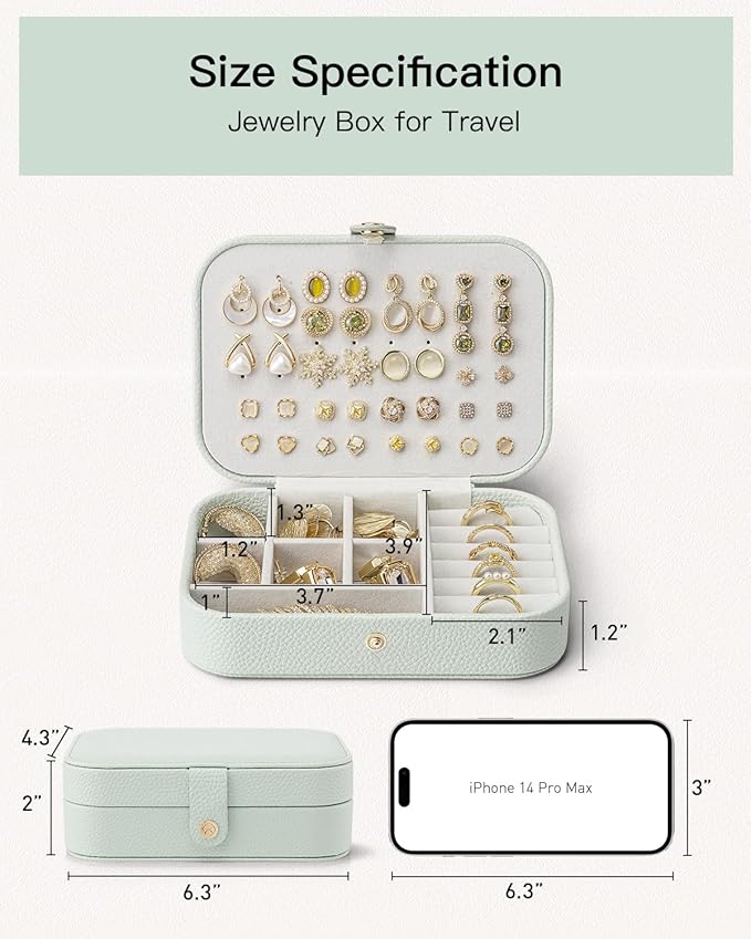 Vlando Travel Jewelry Case for Women Girls Mothers, PU Leather Portable Small Jewelry Box for Rings, Necklaces, Bracelets, Earring Holder Organizer Storage for Travel, Bridesmaid Gifts - Mint Green