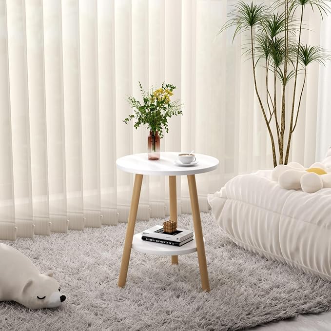 OERGKE Round End Table, Small Side Tables with Lower Shelf, Coffee Table, Bedside Table, Mid Century Modern Nightstand for Living Room, Bedroom, Corners and Office (White)