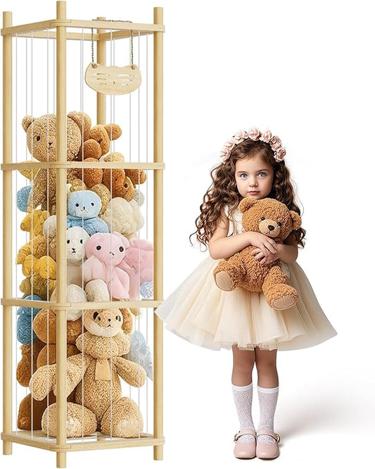 Stuffed Animal Storage , Wooden Stuffed Animal Storage with High Elastic Rope, Large Stuffed Animal Zoo for Nursery Playroom Bedroom (log color)