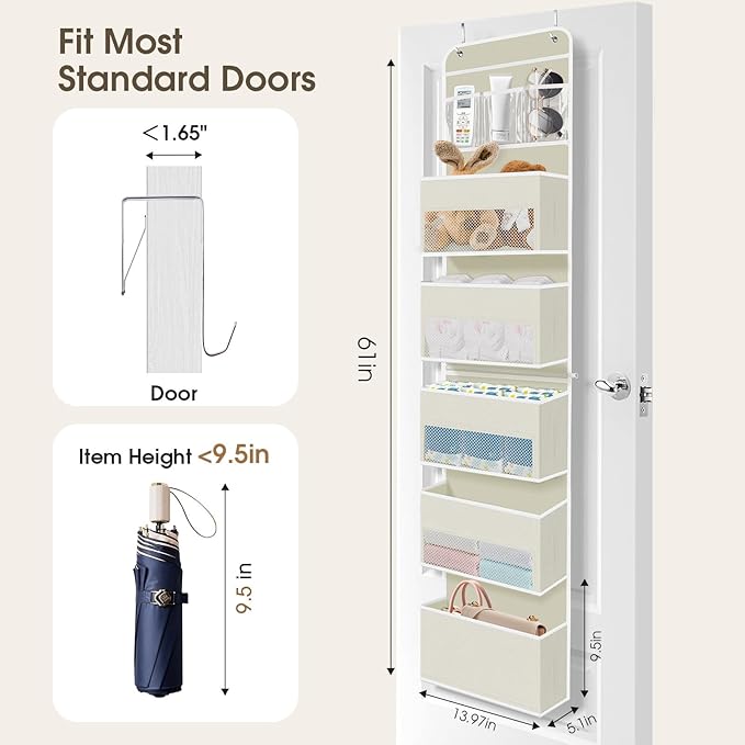 6-Tier Over The Door Organizer, Hanging Storage Organizer with Clear Window, 40lb Ultra Sturdy Large Capacity Room Organizer for Pantry Bathroom Nursery Closet Baby Essential (Beige)