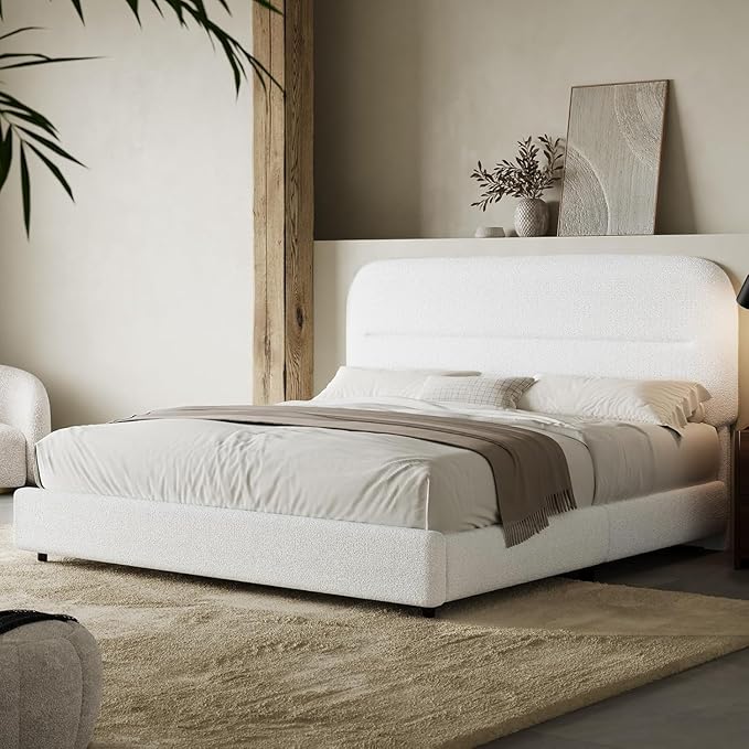 HOMBCK Queen Size Boucle Bed Frame, Upholstered Bed Frame Queen Size with Headboard, Soft Cloud Bed with Thickened Footboard, Rounded Corners, No Box Spring Needed, Easy Assembly, White