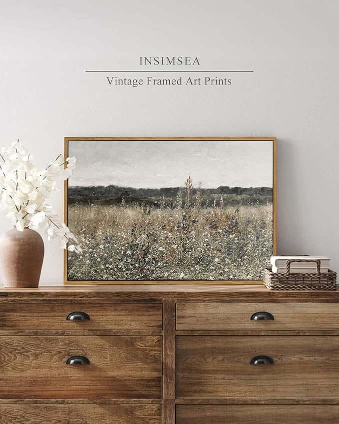InSimSea Framed Canvas Wall Art Vintage Decor, Wildflower Field Vintage Wall Art Canvas Prints, Modern Farmhouse Bathroom Home Wall Decor, 16"x24"
