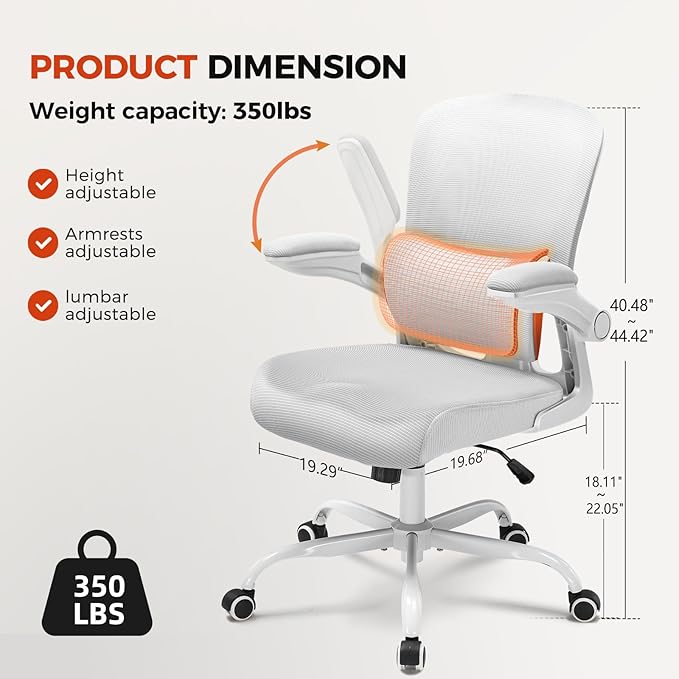 GTRACING Office Chair Ergonomic Desk Chair with 3D Adaptive Lumbar Support, High Back Home Mesh Chair with Flip-Up Arms, Swivel Rolling Computer Seating for Long Desk Work (Gray)