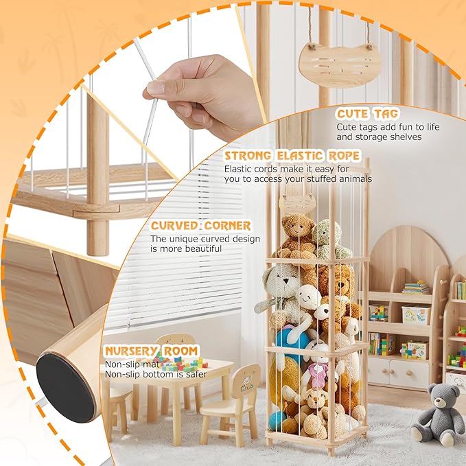 Stuffed Animal Storage , Wooden Stuffed Animal Storage with High Elastic Rope, Large Stuffed Animal Zoo 51" for Nursery Playroom Bedroom (varnish color)